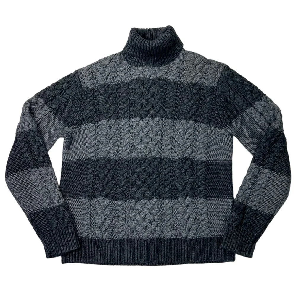 MICHAEL KORS LAMBSWOOL CONTRAST CABLEKNIT STRIPED CHUNKY KNIT TURTLENECK SWEATER